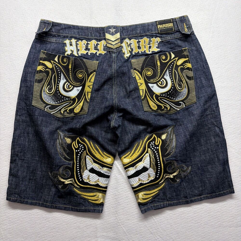 Vintage Y2K Parish Hell Fire Embroidered Dark Wash Jorts Short Dragon Mens 42x13